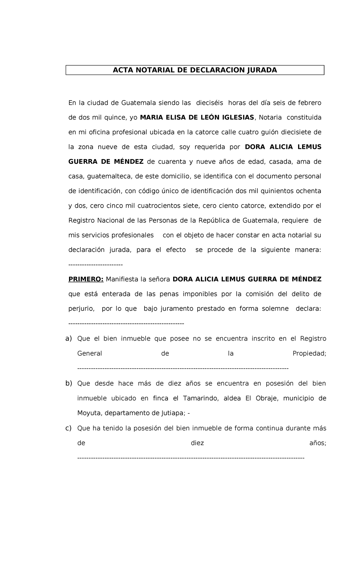 ACTA NOTARIAL DE DECLARACION JURADA - DORA ALICIA LEMUS - Studocu