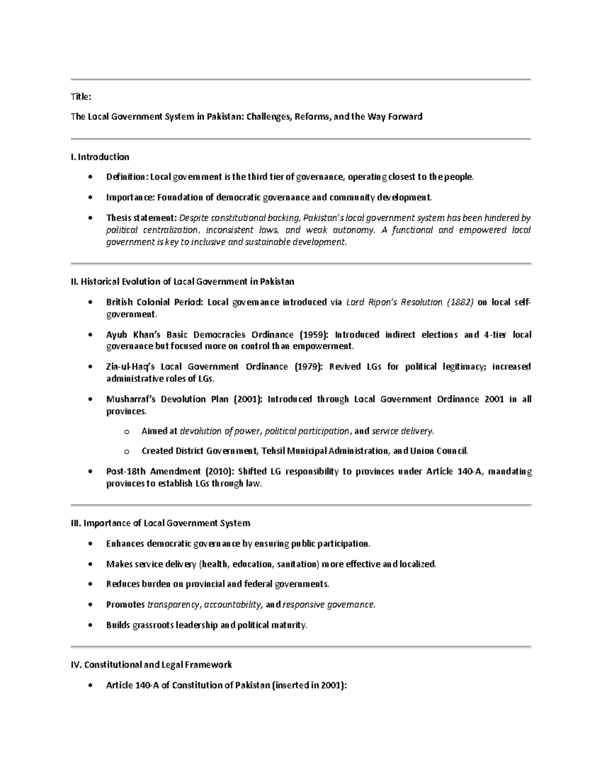 Local government system in Pakistan: Challenges and reforms (LG 101 ...