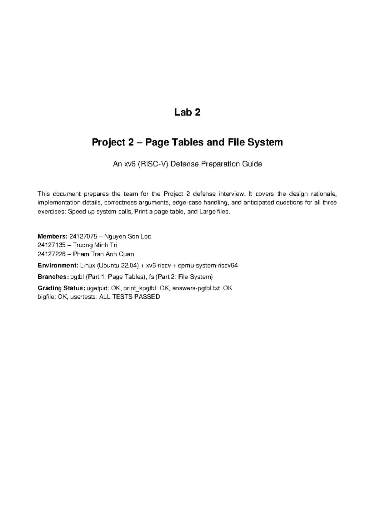 OS Project 2 Defense Guide: xv6 Page Tables & File System - Studocu