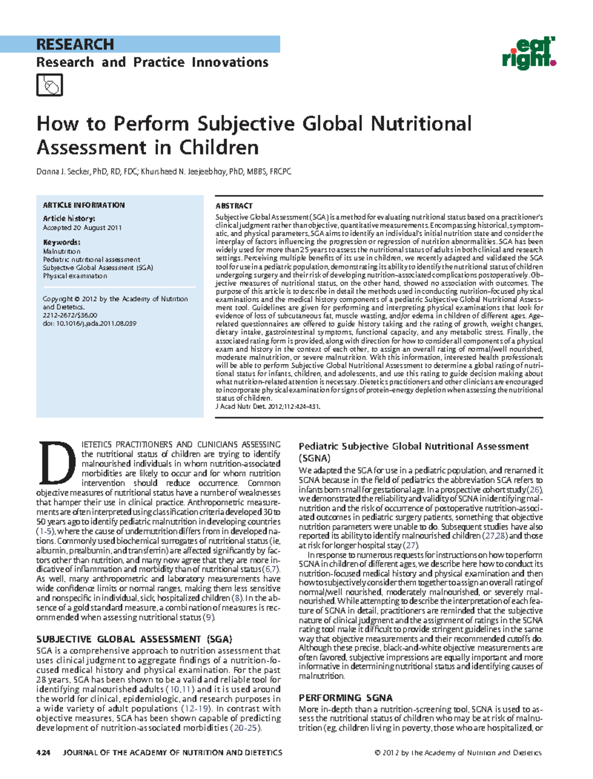 Pediatric Subjective Global Nutritional Assessment (SGNA) Guidelines ...