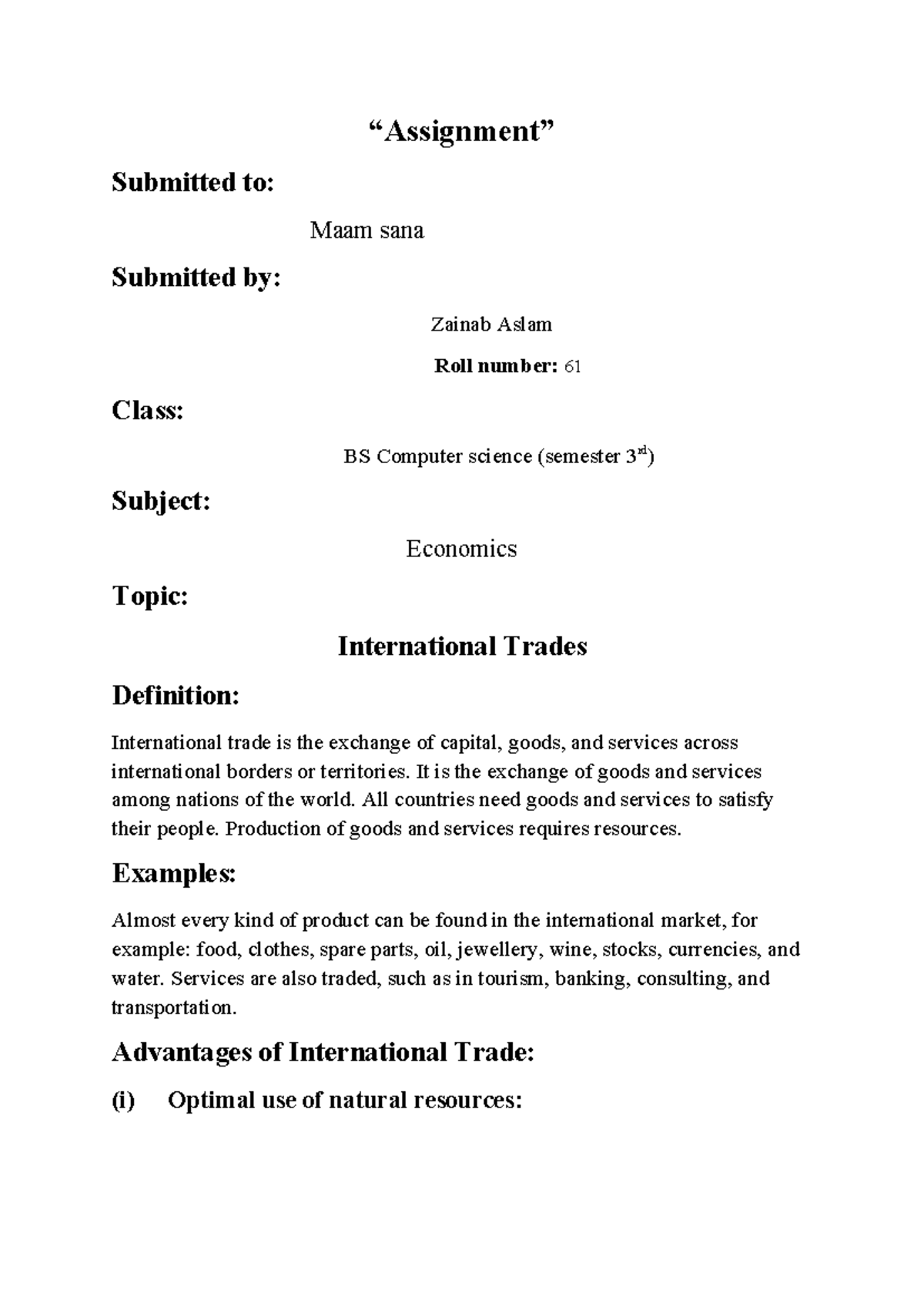 Economics Assignment: International Trades Overview - BS CS Sem 3 - Studocu