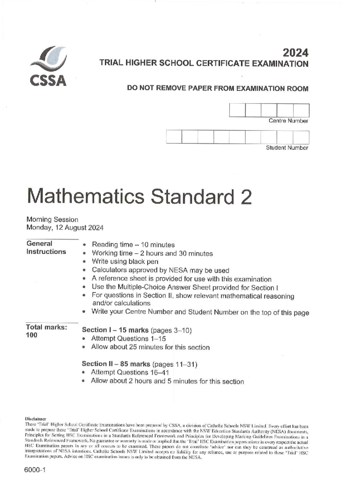 CSSA Mathematics Standard 2 Trial Exam 2024 - Section II Questions ...