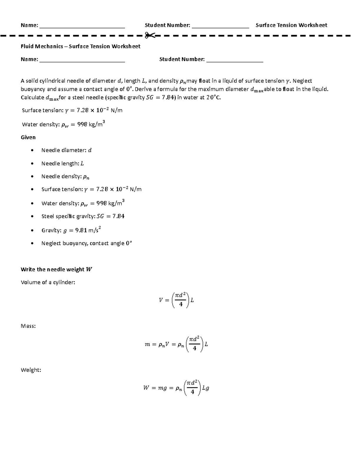 Surface Tension Worksheet Solution for Fluid Mechanics (FM101) - Studocu