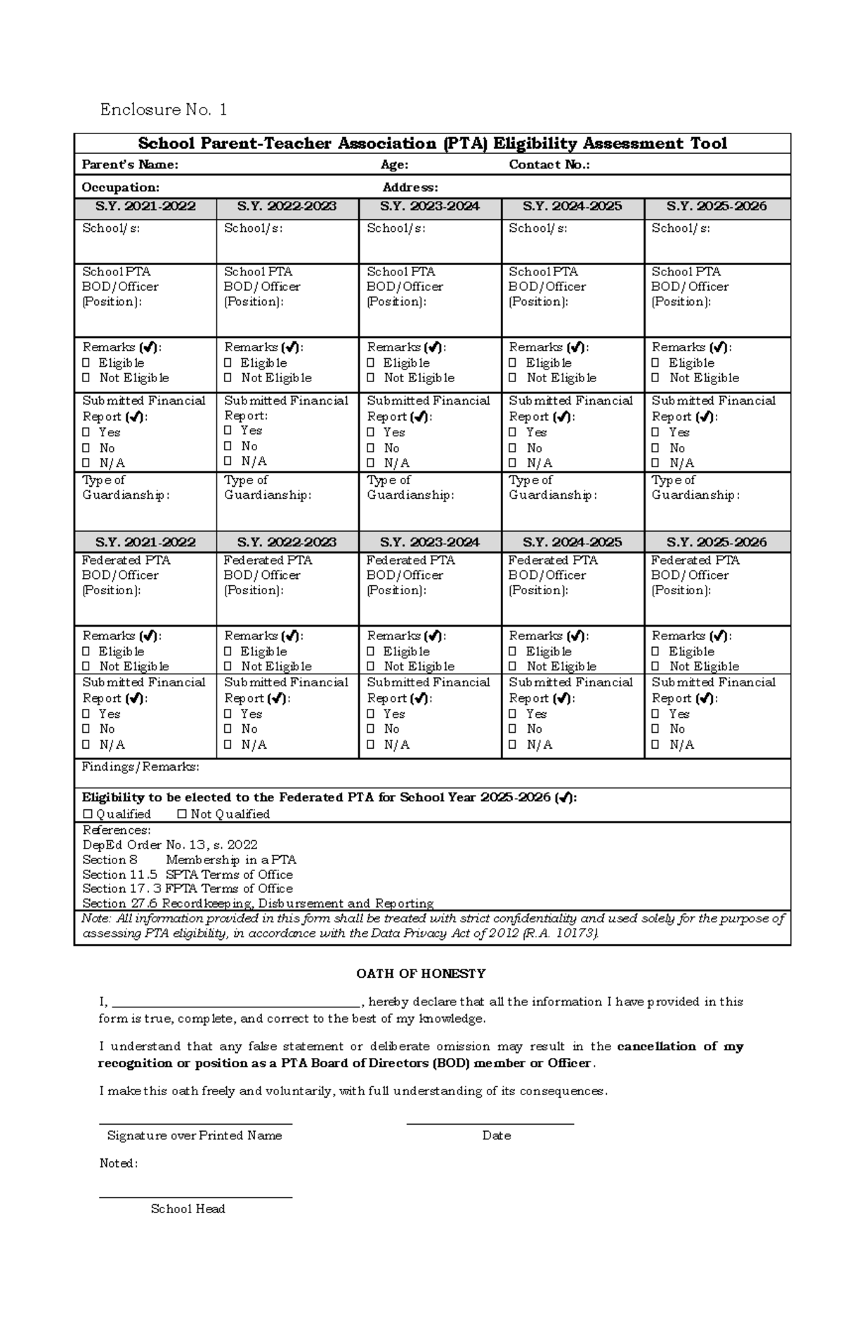 PTA Eligibility Assessment Tool for School Year (S.Y.) - Studocu