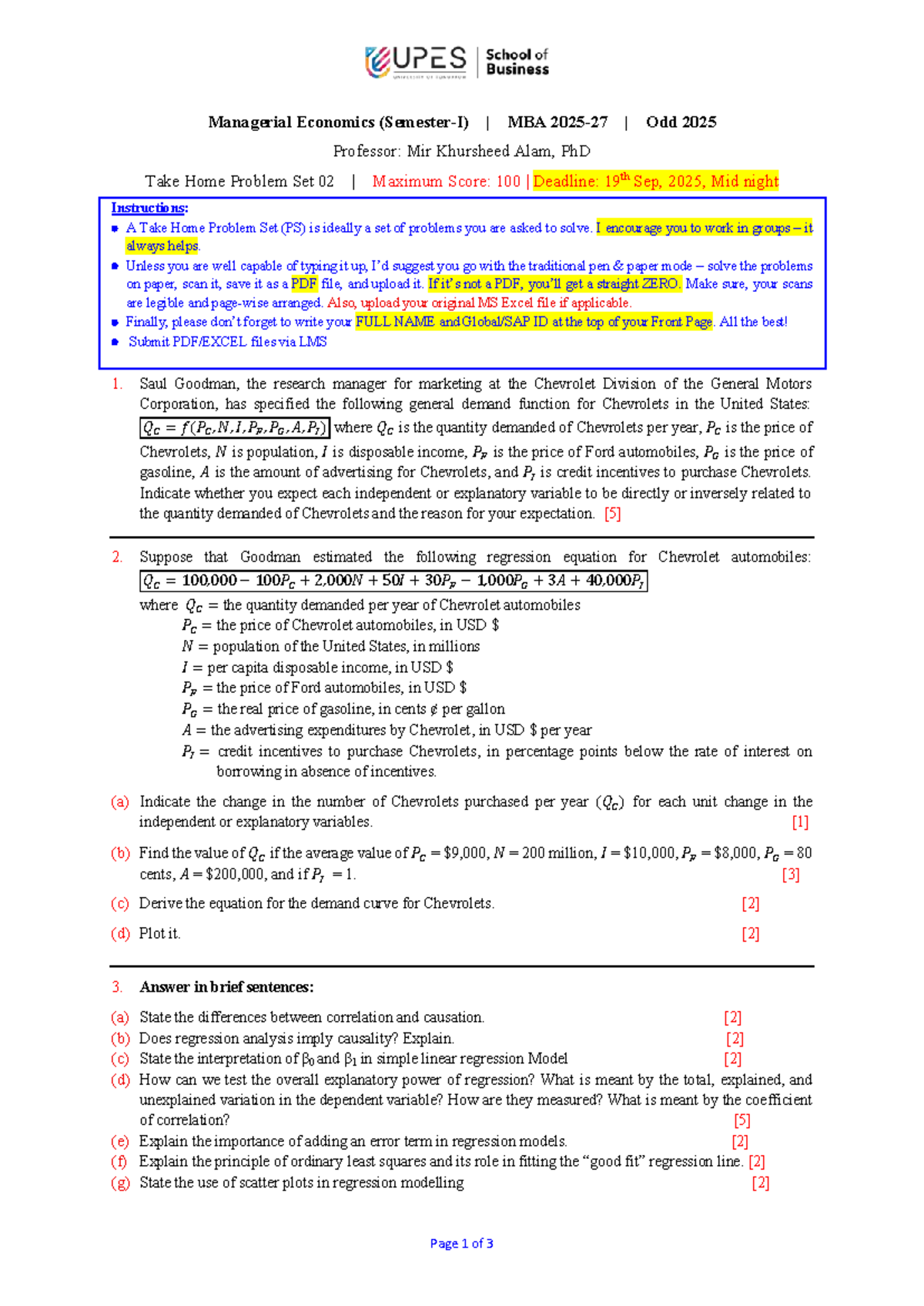 Managerial Economics MBA Odd 2025: Take Home Problem Set 02 - Studocu