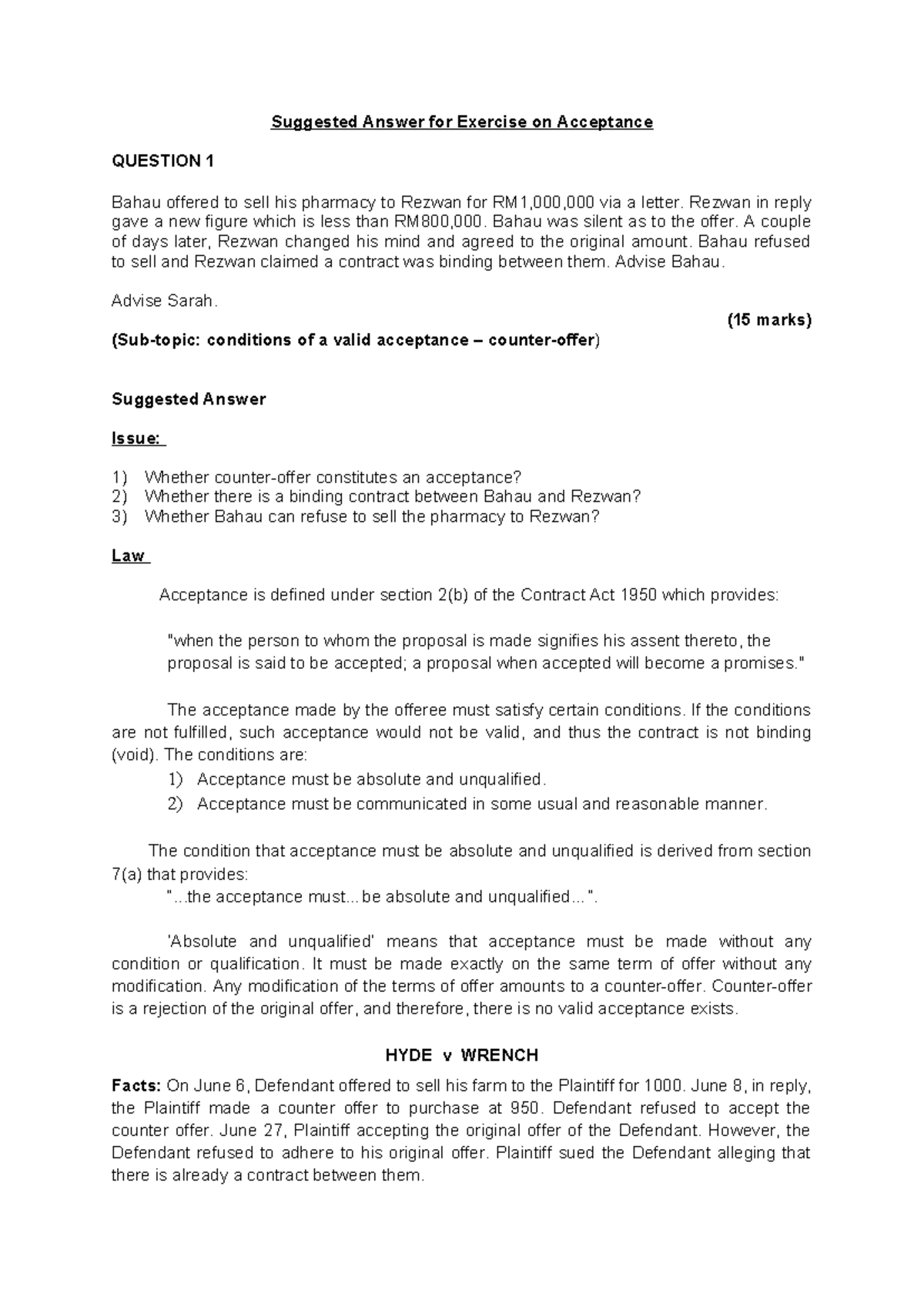 Suggested Answer FOR Exercise ON Acceptance - Suggested Answer for ...