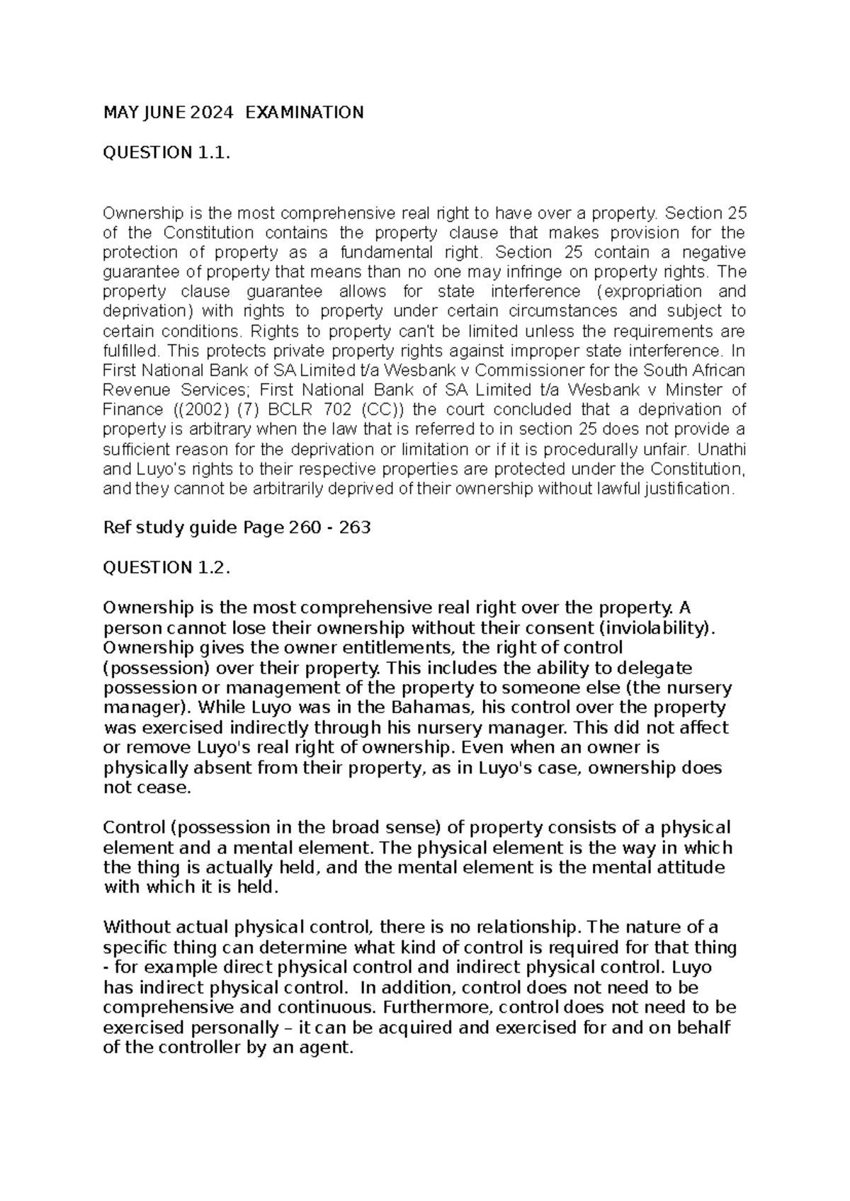 MAY JUNE 2024 & DEC 2023 Exam Answers: Property Law Insights - Studocu