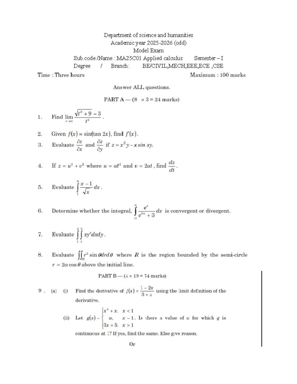 Applied Calculus 1 - question paper - Engineering Mathematics ...