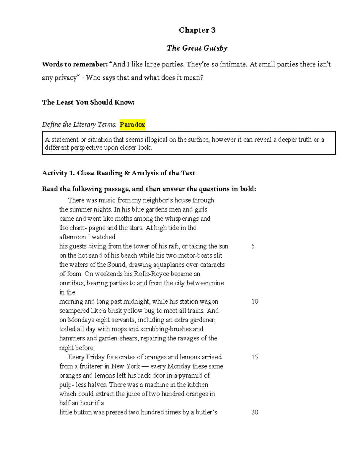 Chapter 3 Analysis: Literary Devices & Themes in The Great Gatsby - Studocu