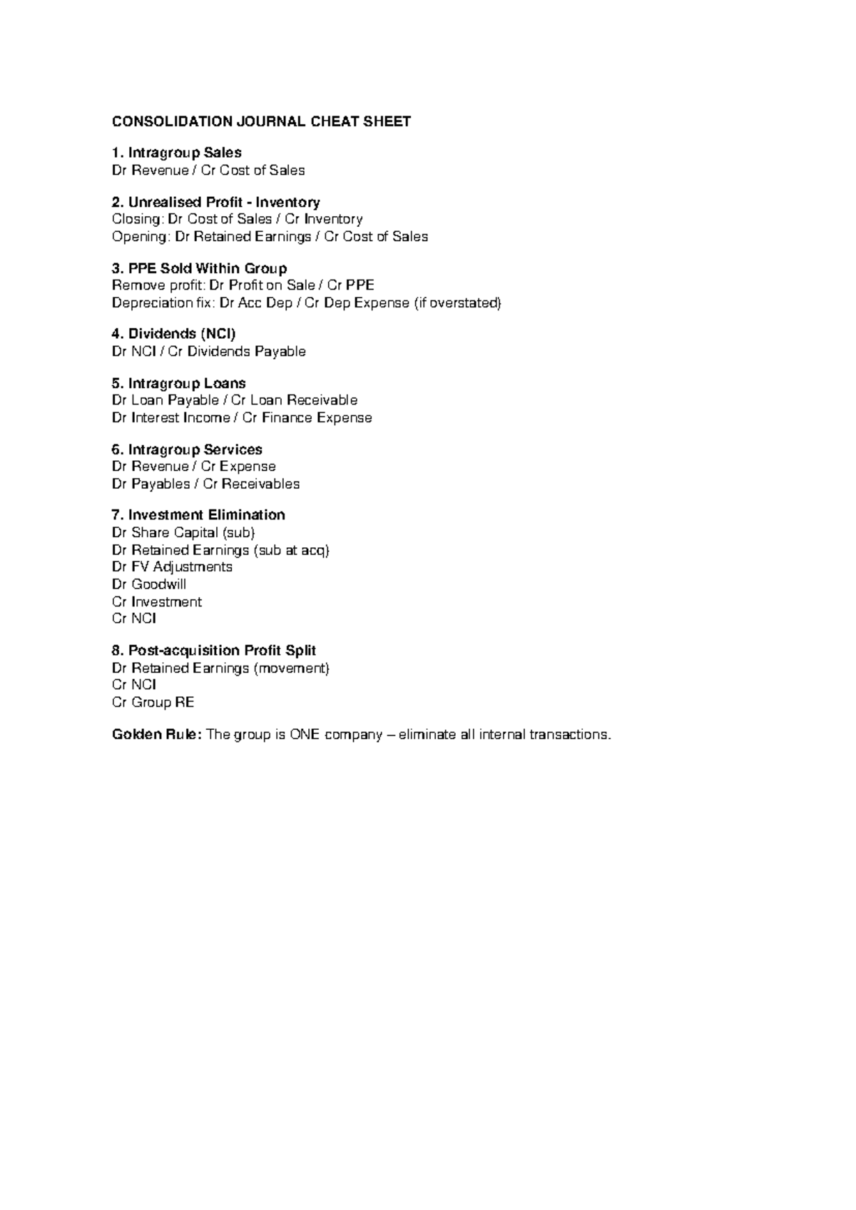 Consolidation Journal Cheat Sheet for Accounting (ACCT 101) - Studocu