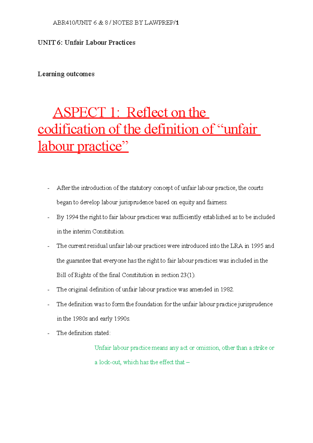 ABR 410 Unfair Labour Practices: Unit 6 & 8 Comprehensive Notes - Studocu