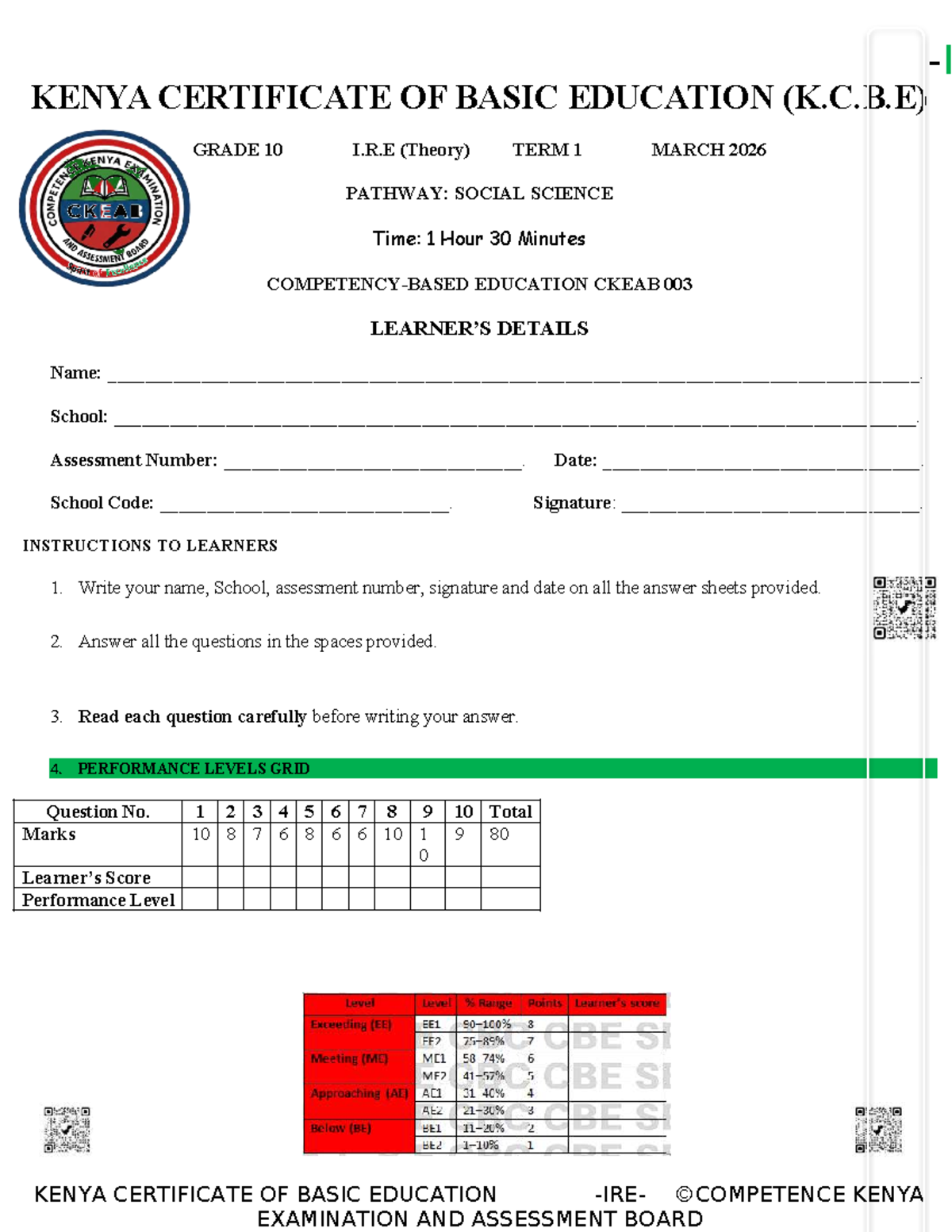 KCBE GRADE 10 IRE TERM 1 MODEL ANSWERS MARCH 2026 - Studocu