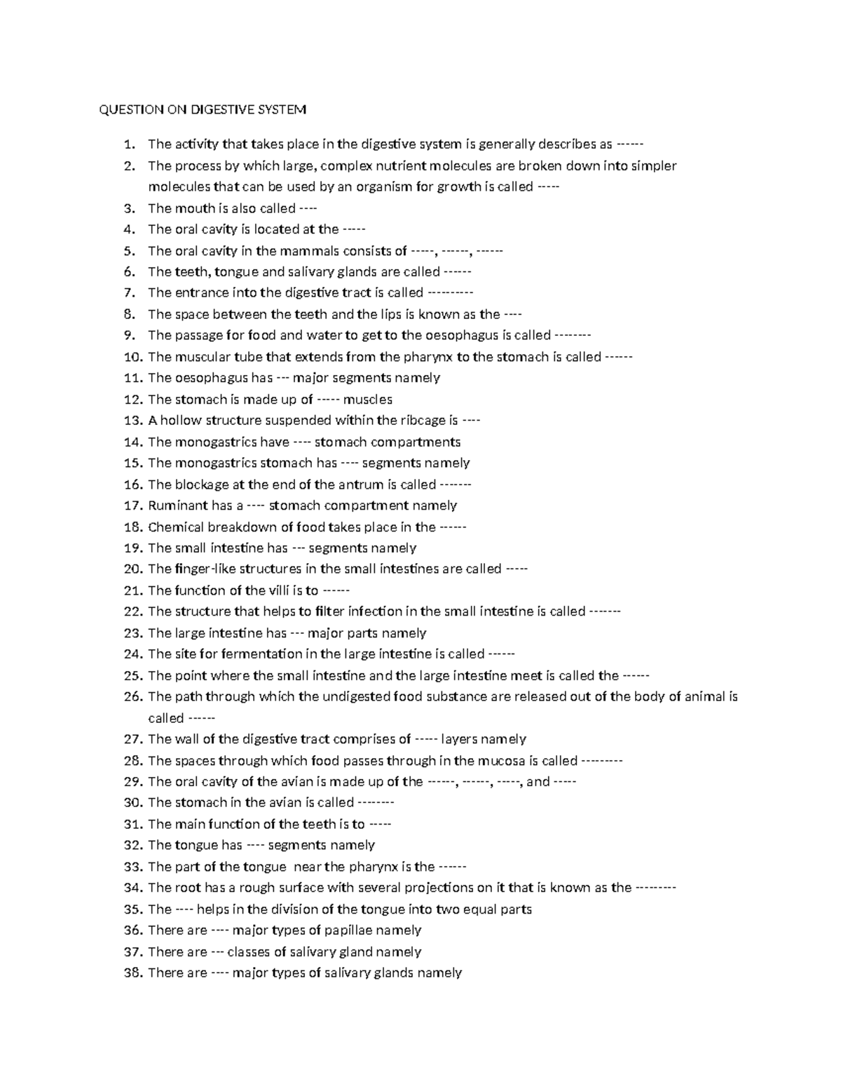 Question ON Digestive System - QUESTION ON DIGESTIVE SYSTEM The ...