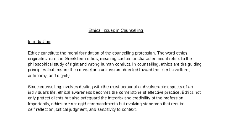 ETHC 101: Ethical and Legal Issues in Counselling Overview - Studocu