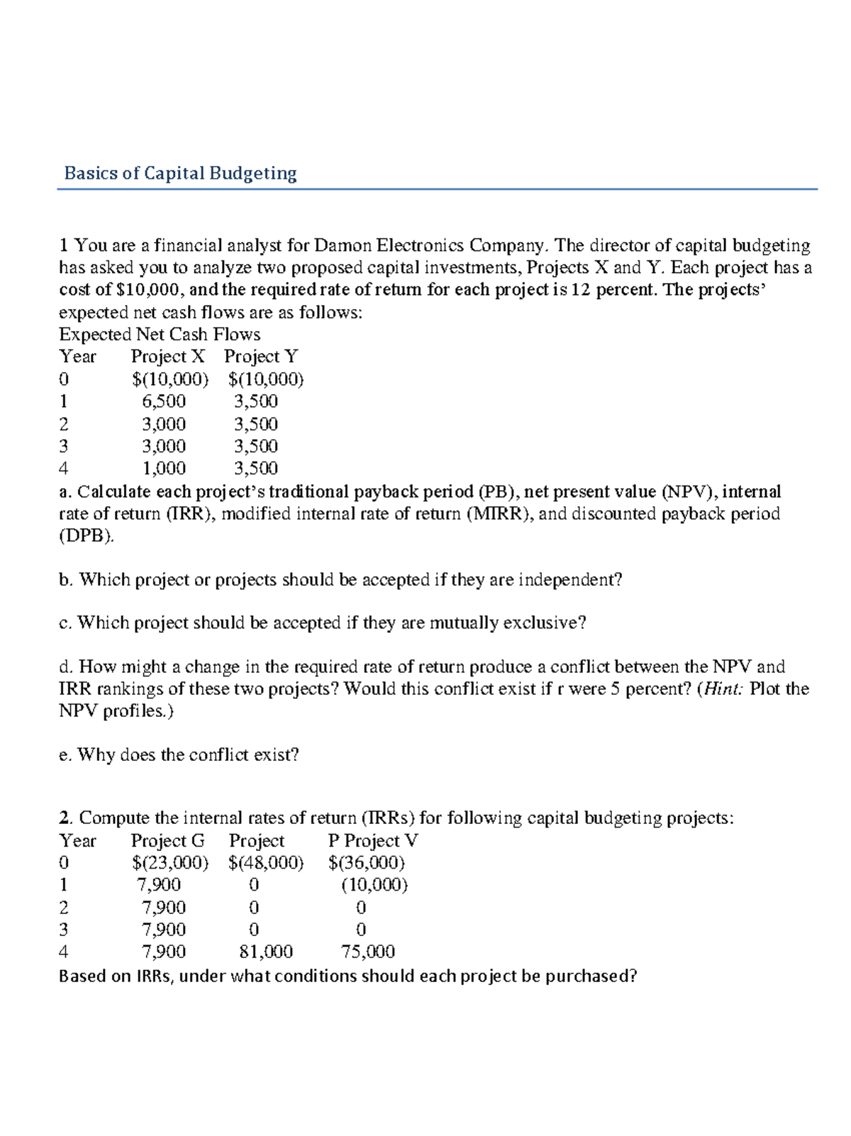 Capital Budgeting Analysis: Tutorial Questions and Exercises - Studocu