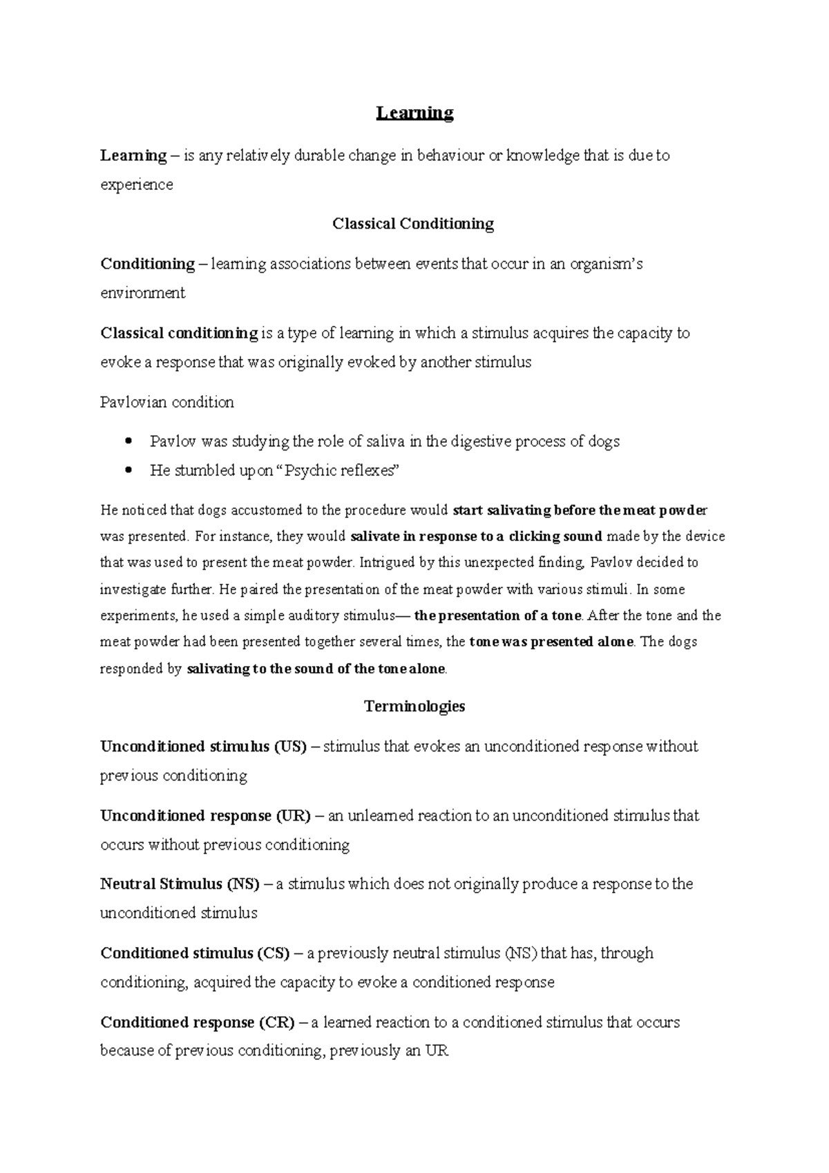 Lecture 5 - Classical and Operant Conditioning in Learning - Studocu