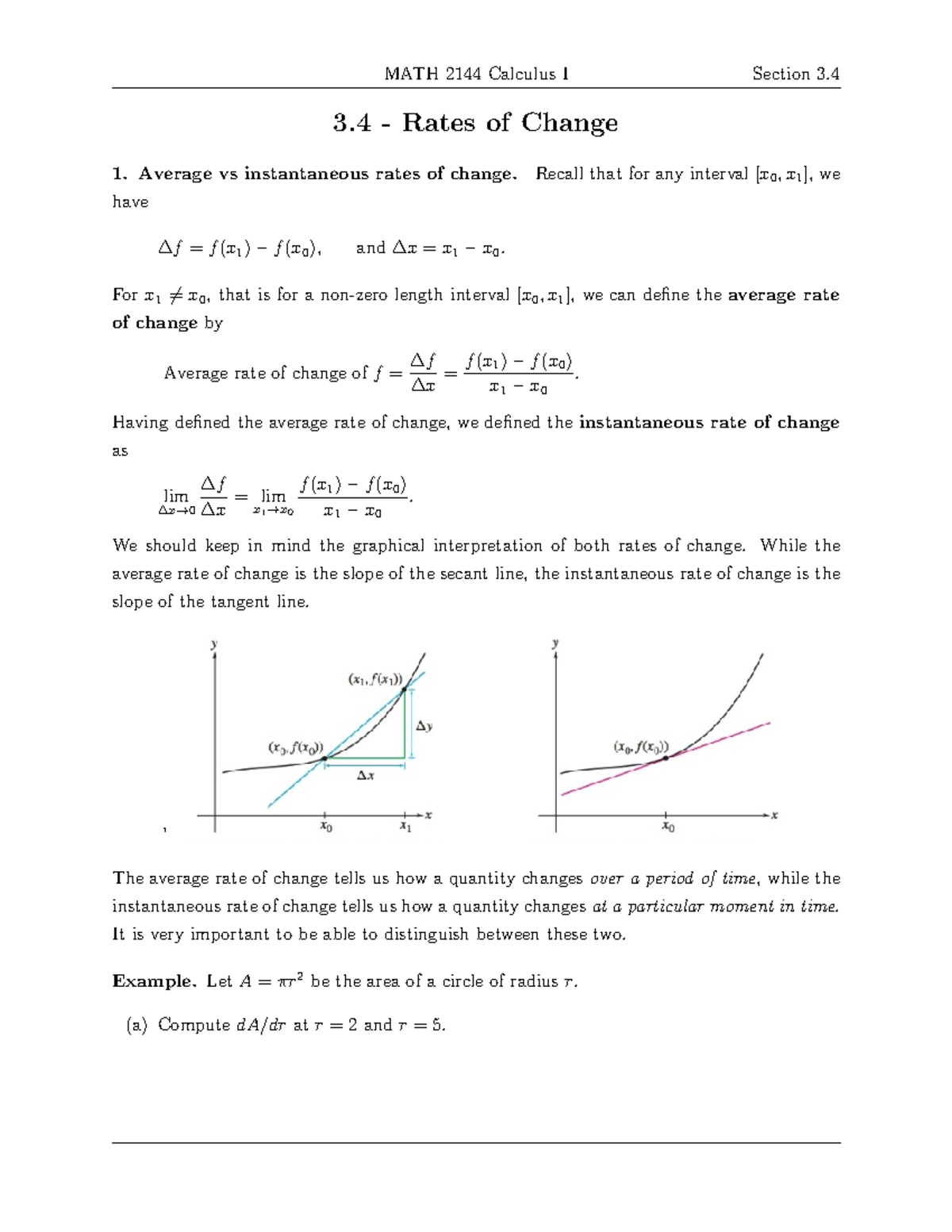 MATH 2144 Calculus I: Section 3.4 Rates of Change Notes - Studocu