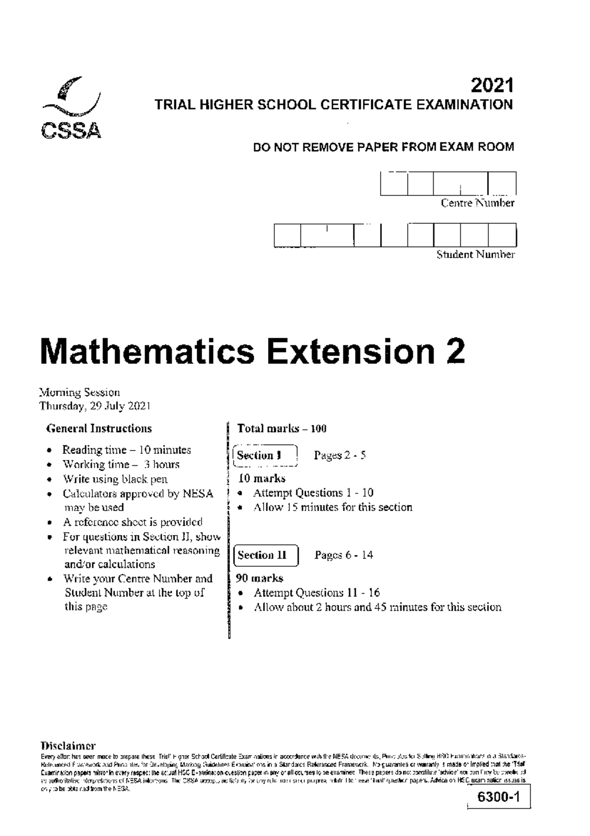 2021 CSSA Mathematics Extension 2 Trial Exam Paper - Studocu