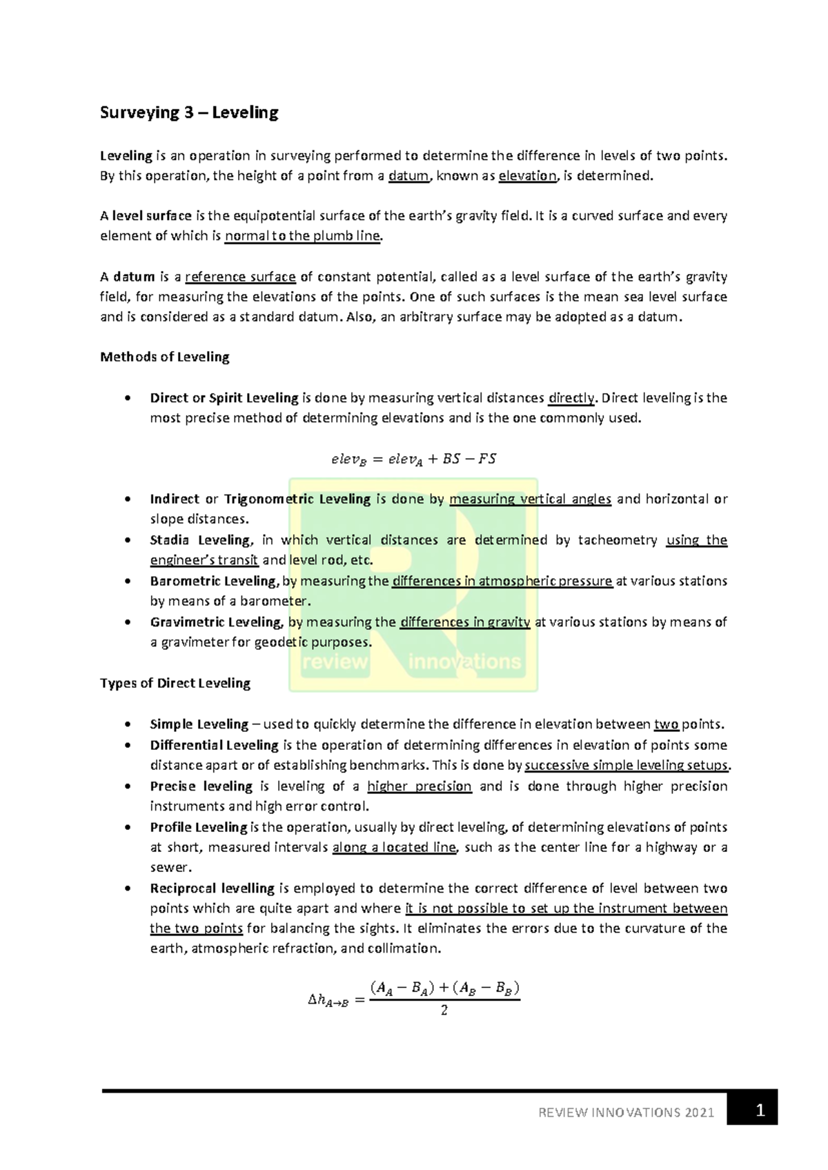 Surveying Leveling Methods - Elementary Surveying - USeP - Studocu