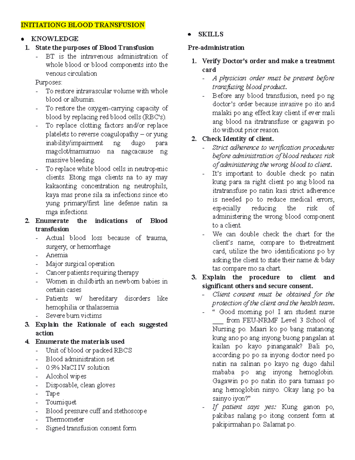 Blood Transfusion Initiation Script for Nursing Practice: Script 1 ...