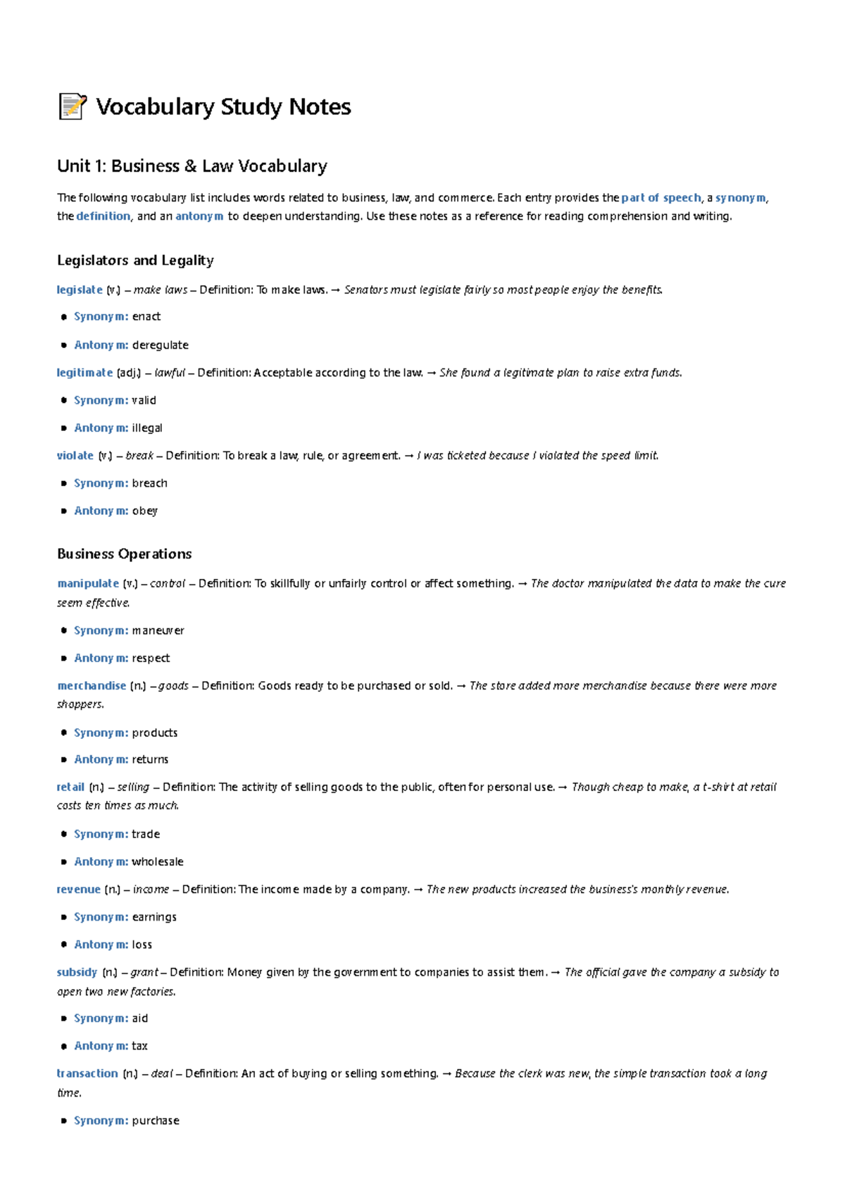 English Vocabulary Study Guide: Business Law & Academic Terms - Studocu
