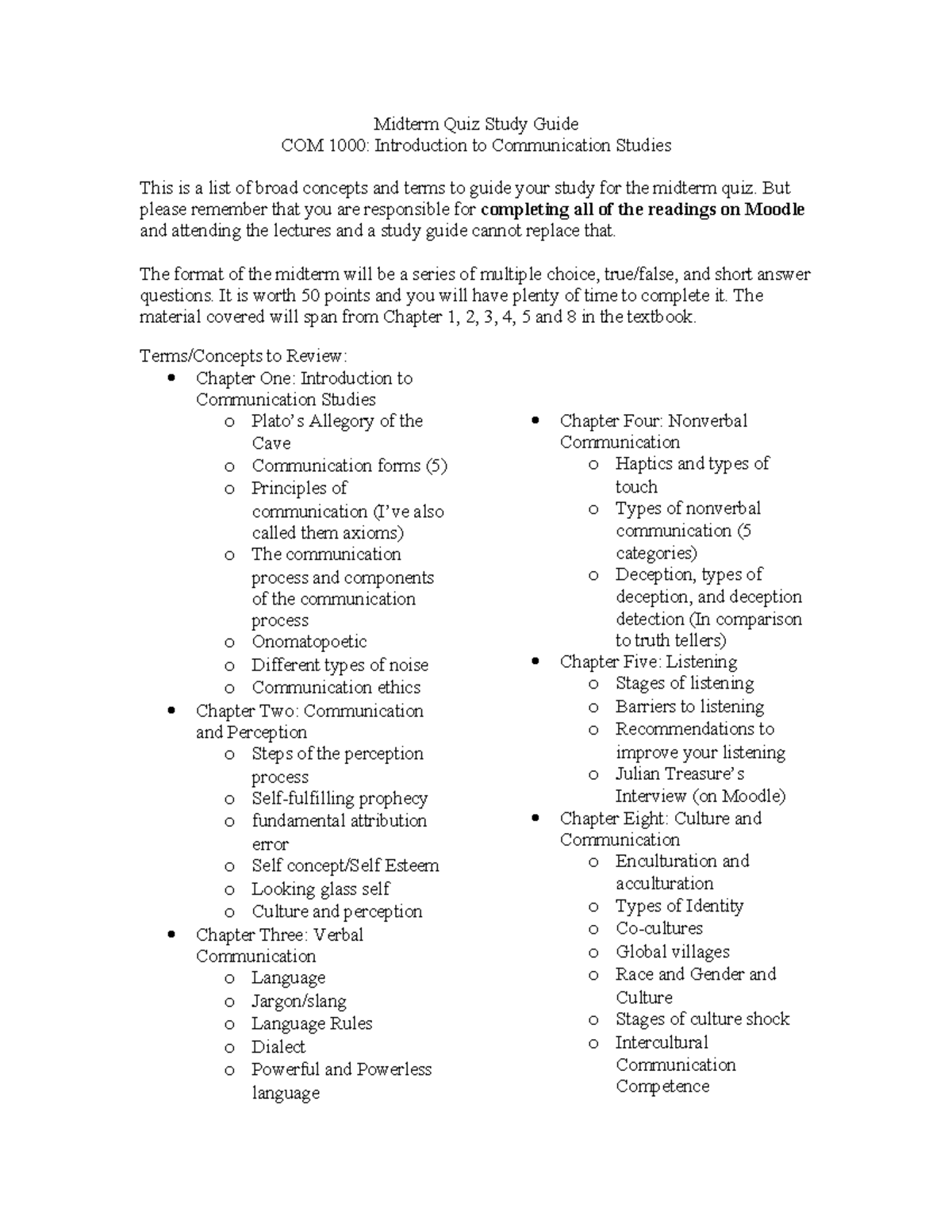 Midterm Quiz Study Guide for COM 1000: Intro to Communication Studies ...