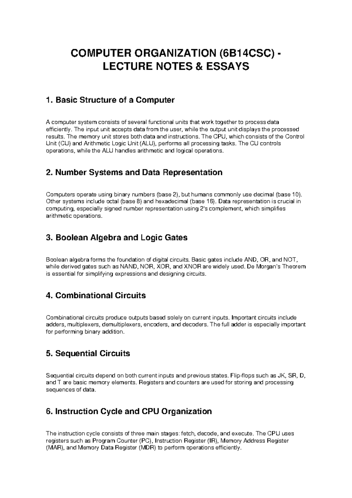 COMPUTER ORGANIZATION (6B14CSC) LECTURE NOTES OVERVIEW - Studocu
