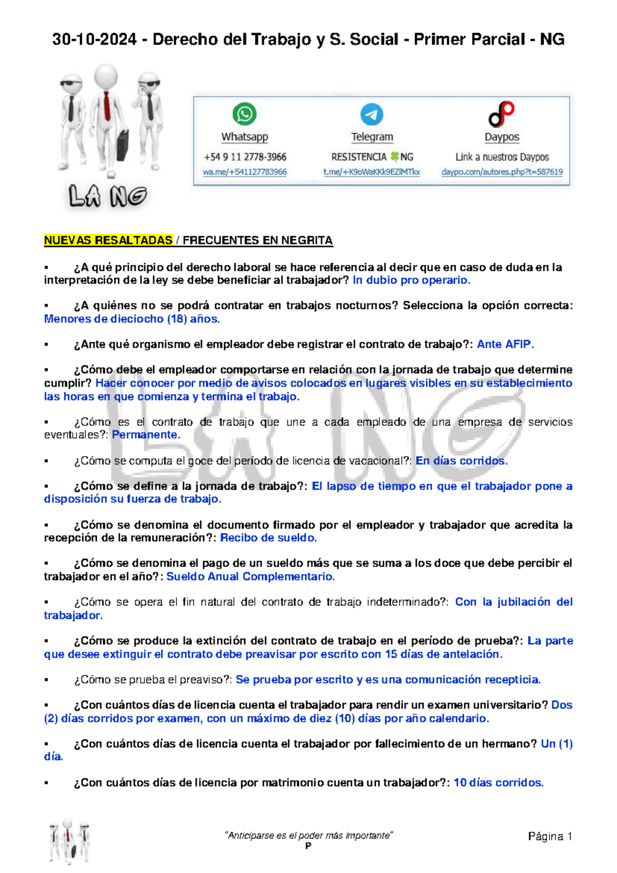 Derecho del Trabajo - Primer Parcial - NG - Resaltados Clave 2024 - Document Preview