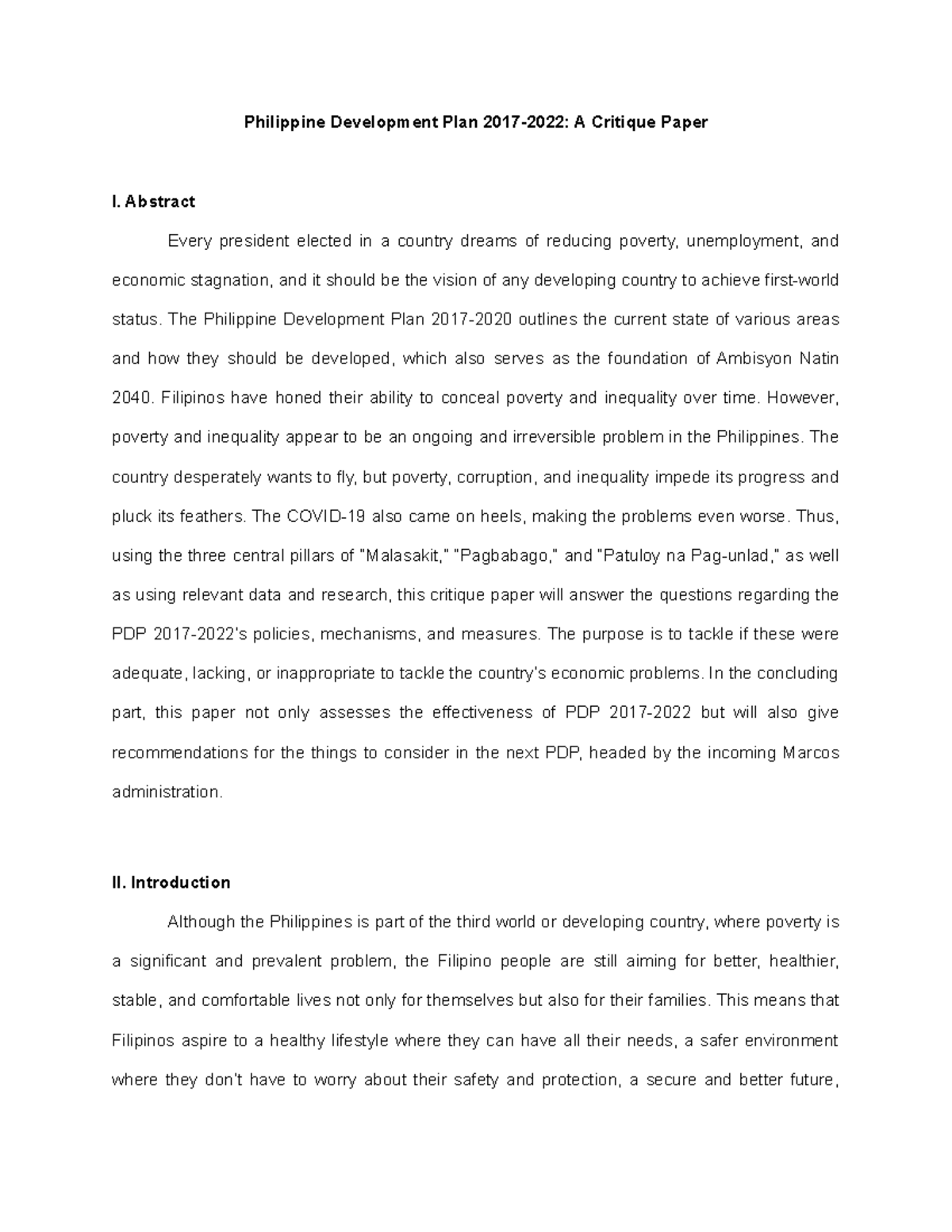 PDP 2017-2022 Critique Paper - Philippine Development Plan 2017-2022: A ...