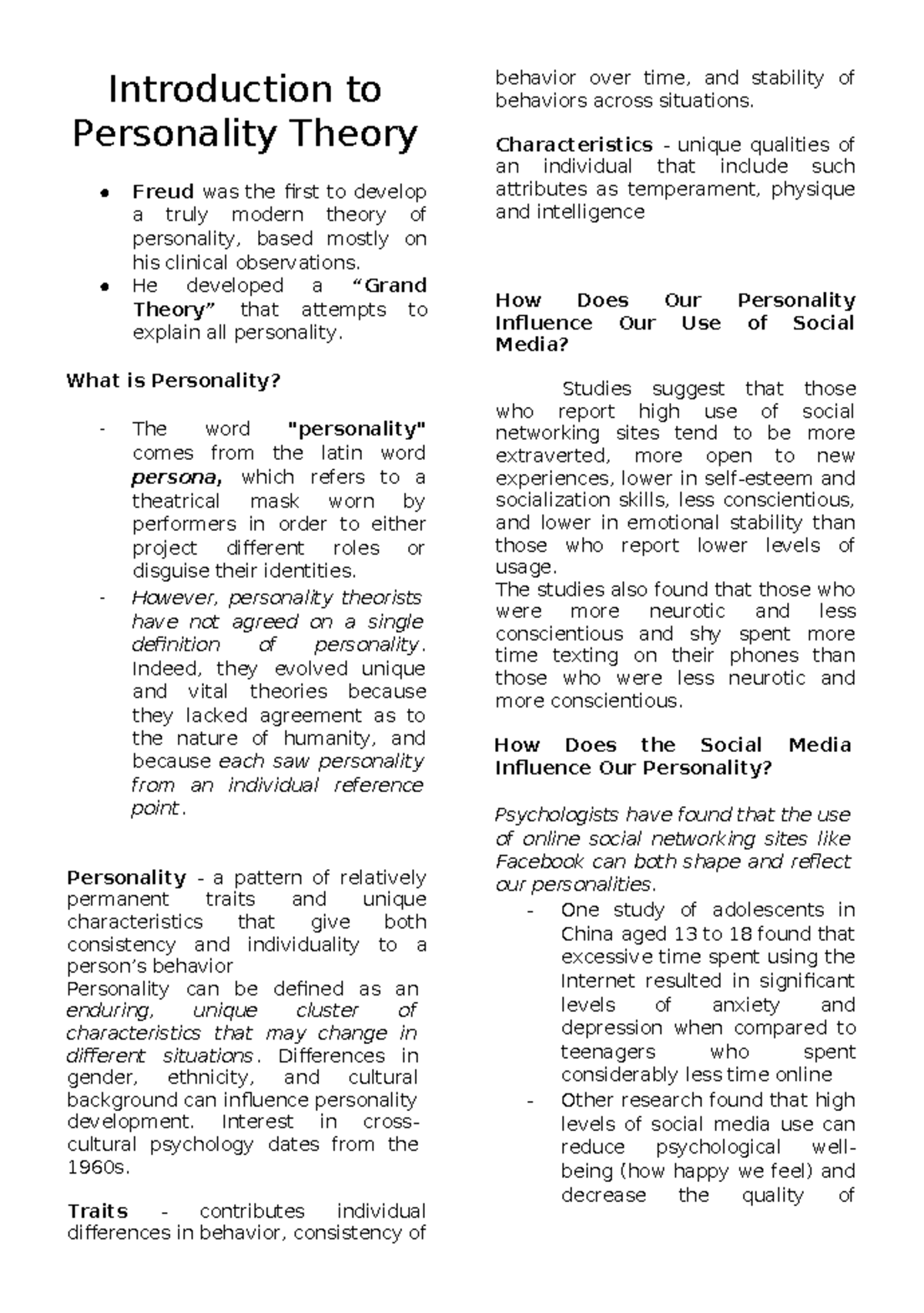 TOP - Summary of Theories of Personality - Introduction to Personality ...