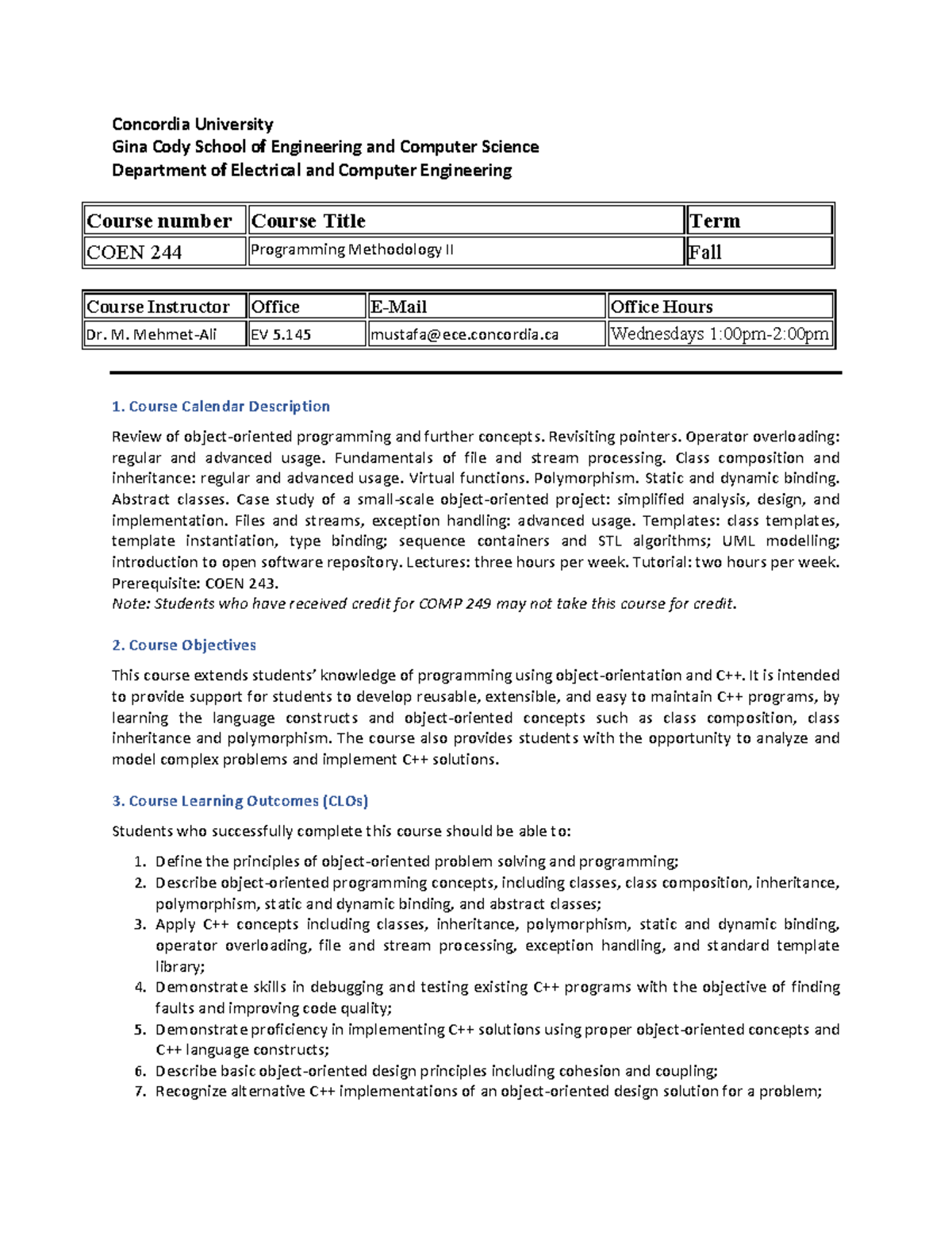 COEN 244 Course Outline: Programming Methodology II (Fall 22FV) - Studocu