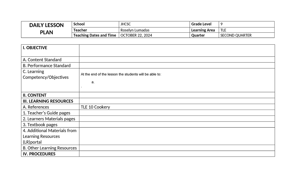 NDAY-DLP IN Grade 10 - YFFYF - DAILY LESSON PLAN School JHCSC Grade ...