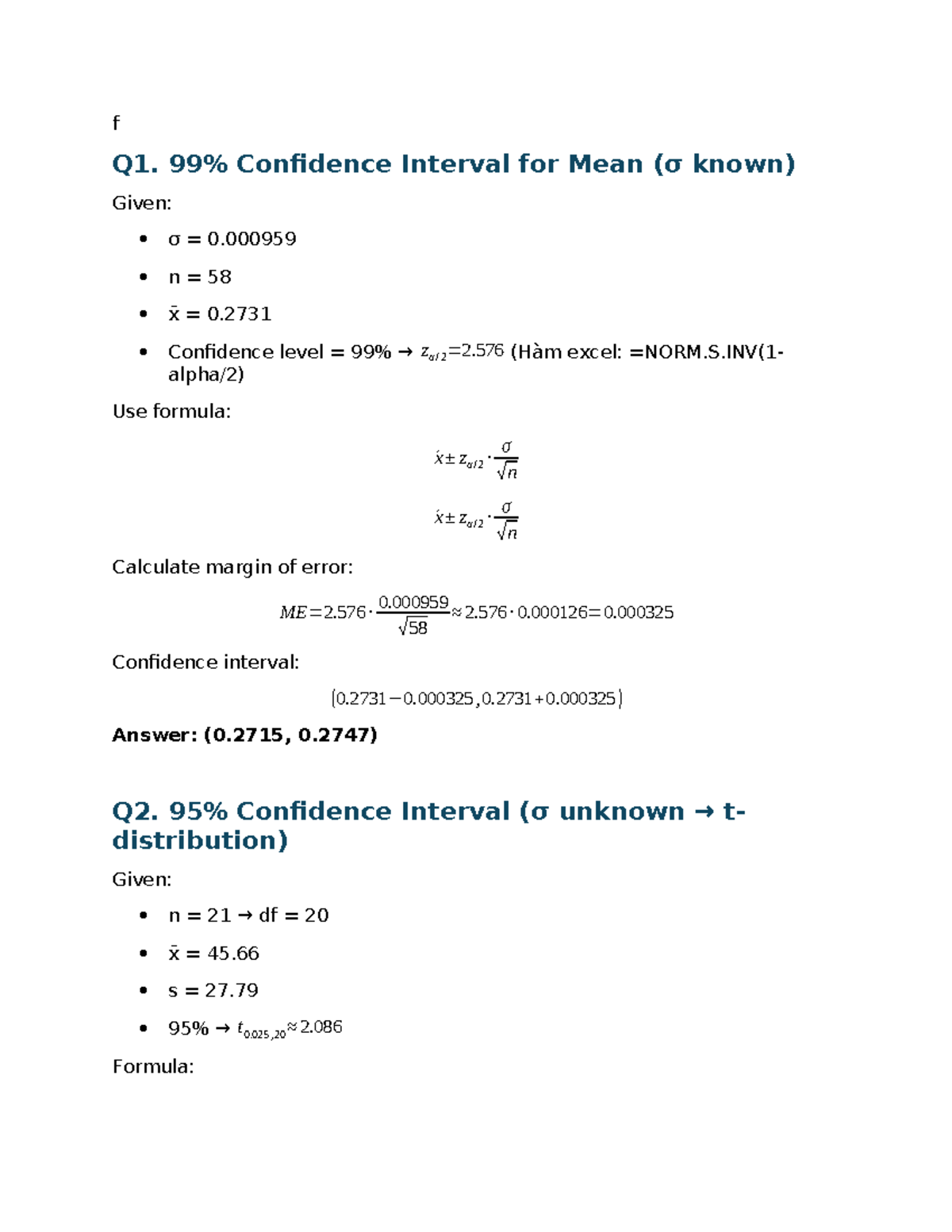 Confidence Intervals Calculations (Stat 101: Q1-Q15) - Studocu