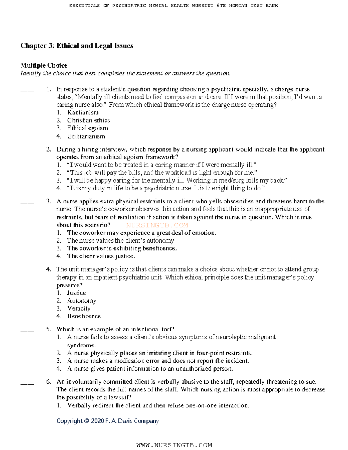 Ethical and Legal Issues in Nursing: Test Bank for Chapter 3 ...