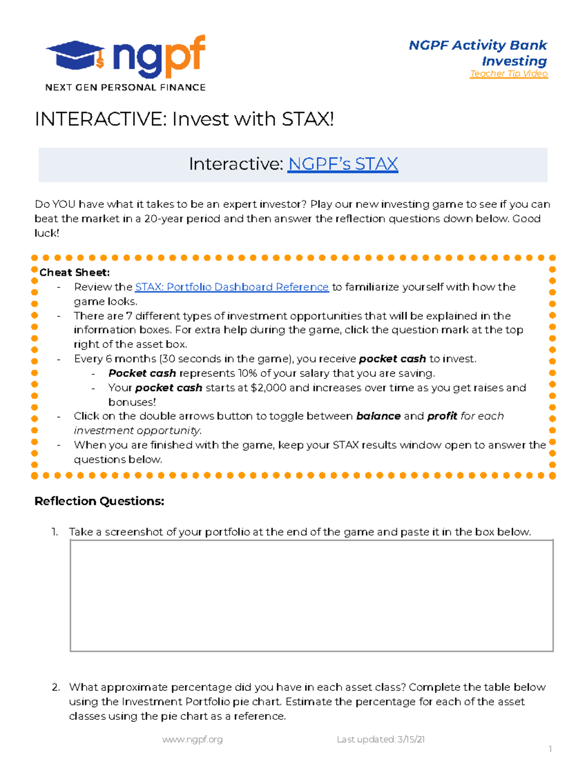 NGPF Activity Bank: Interactive STAX Investing Game Guide - Studocu
