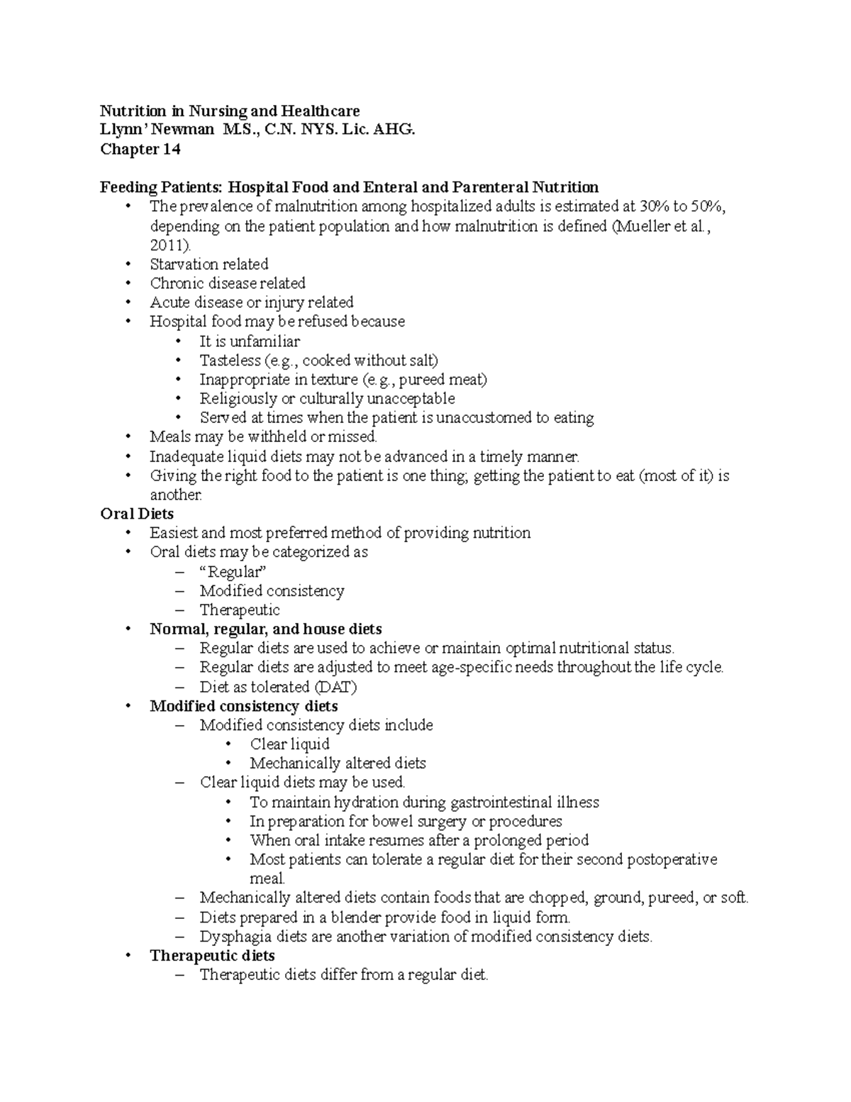 Nutrition Risk & Patient Feeding Overview: Chapter 14 (Nutrition in ...