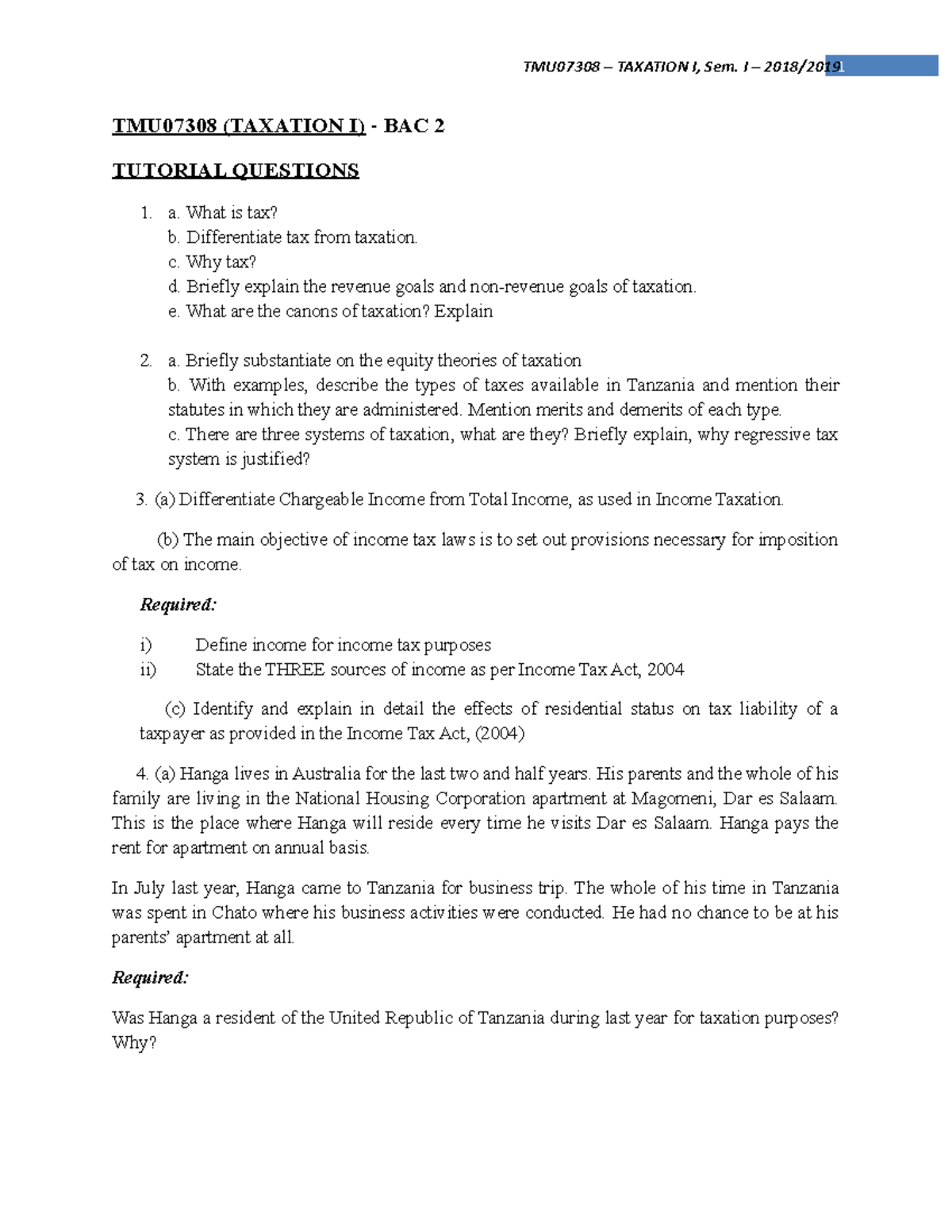 TMU07308 - TAXATION I Sem. I Tutorial Questions and Answers - Studocu