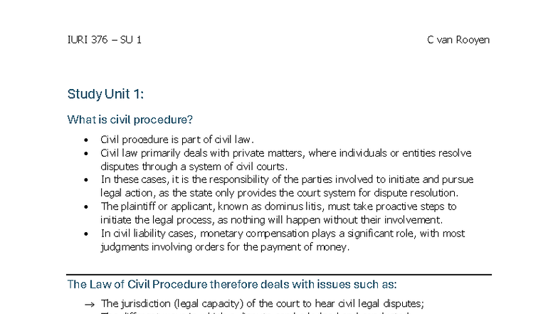 IURI 376 SU 1 - Civil Procedure Overview and Key Concepts - Studocu