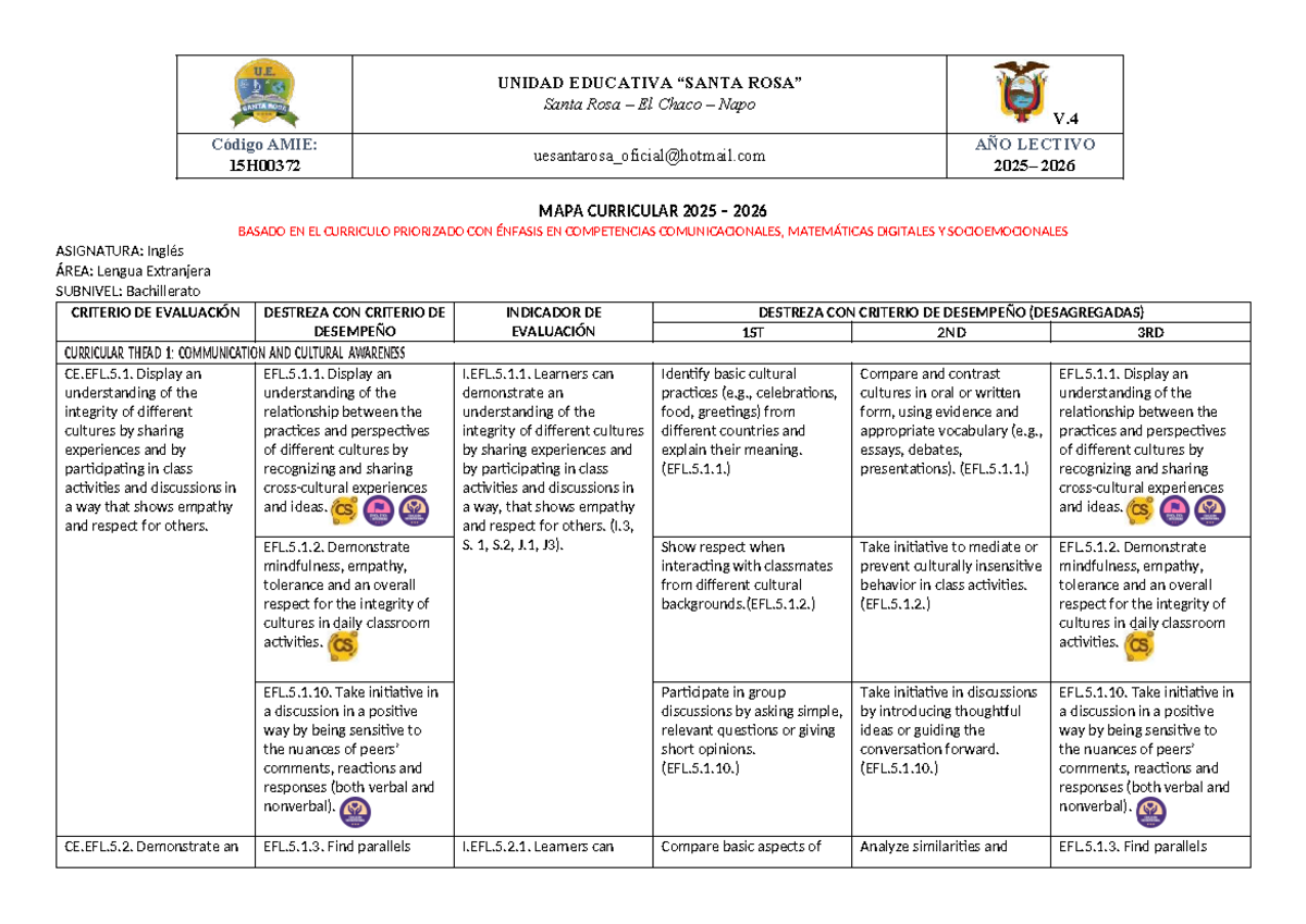 MAPA CURRICULAR 2025-2026: Inglés - Bachillerato AMIE 15H00372 - Document Preview