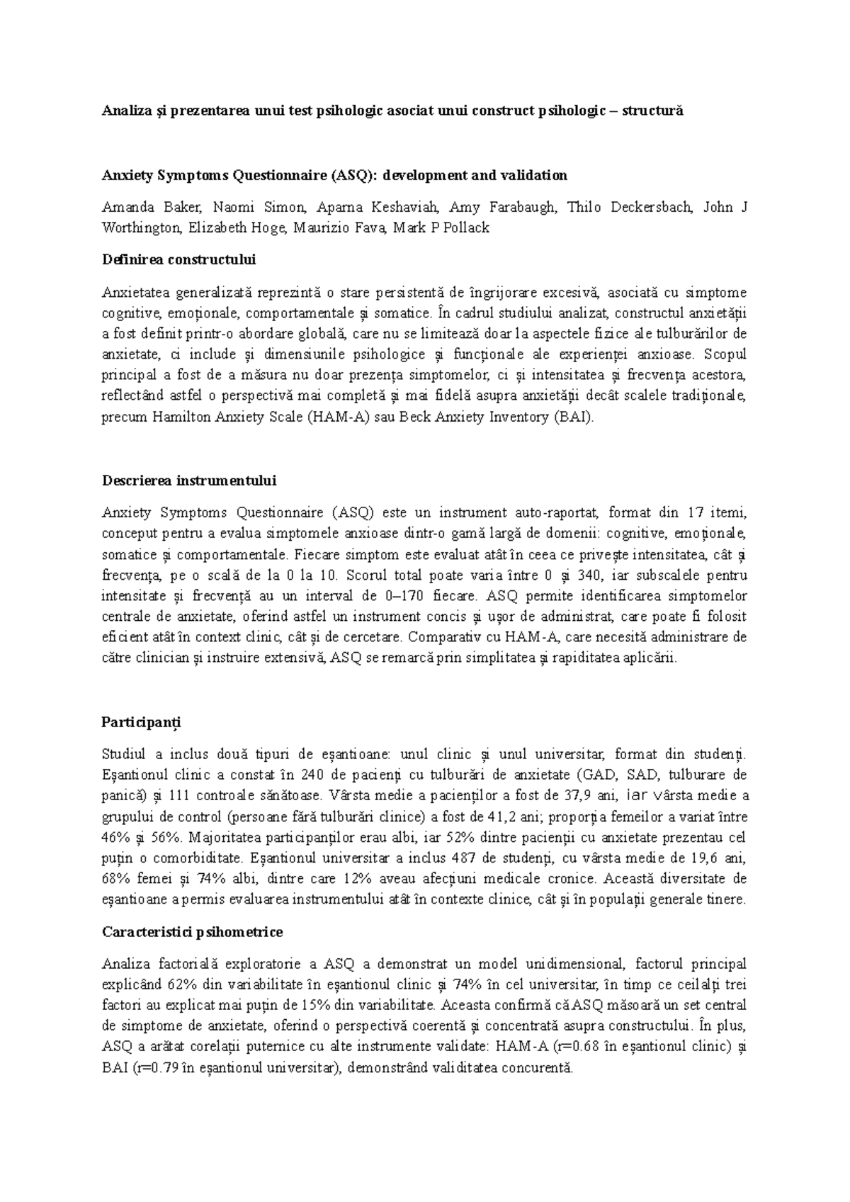 Analiza ASQ: Validarea și Evaluarea Simptomelor de Anxietate - Studocu