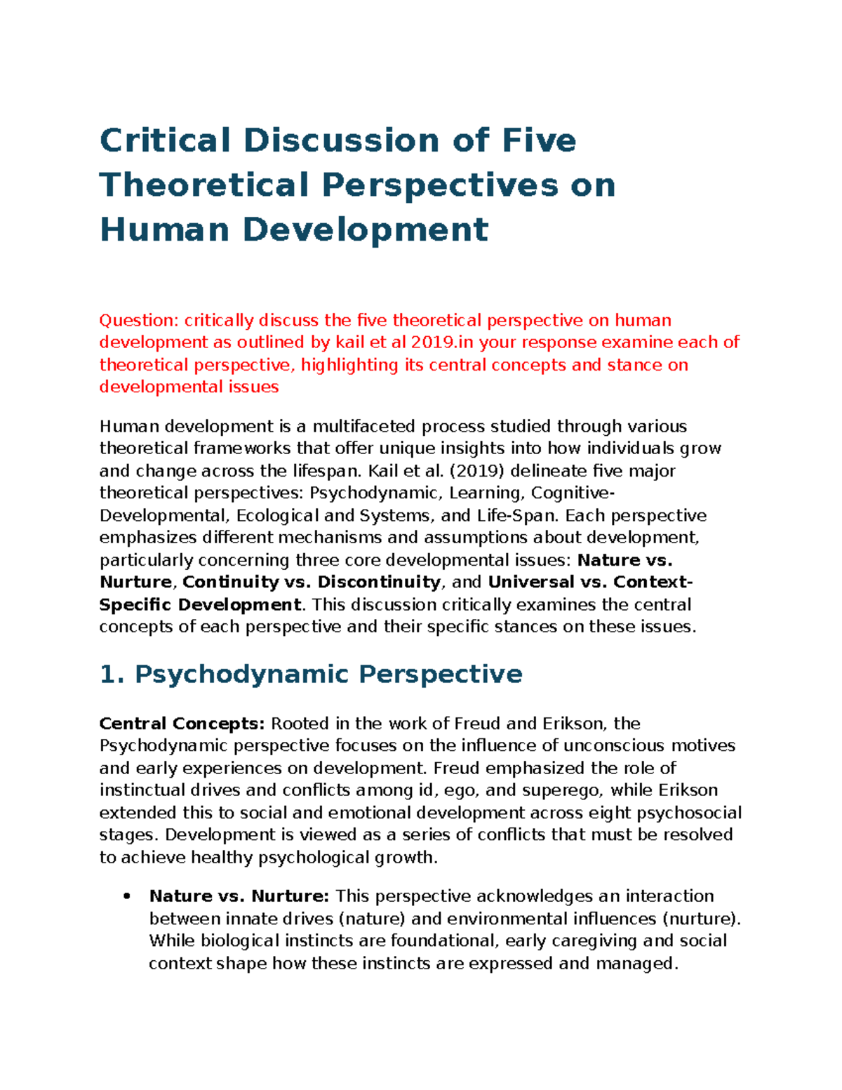 Critical Analysis of Five Theoretical Perspectives on Human Development ...