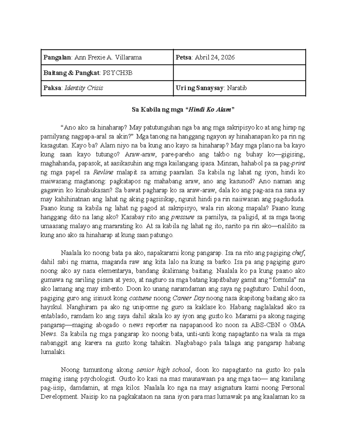 Sanaysay: Identity Crisis at mga Pangarap sa PSYCH3B - Studocu