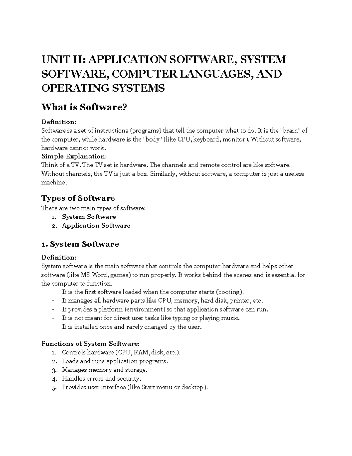 Unit II: Software Types, Functions, and Operating Systems Overview ...