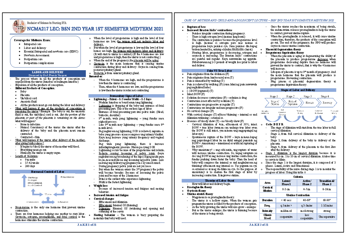 NCMA217 LEC Midterm - Lecture notes - Bachelor of Science in Nursing 2 ...