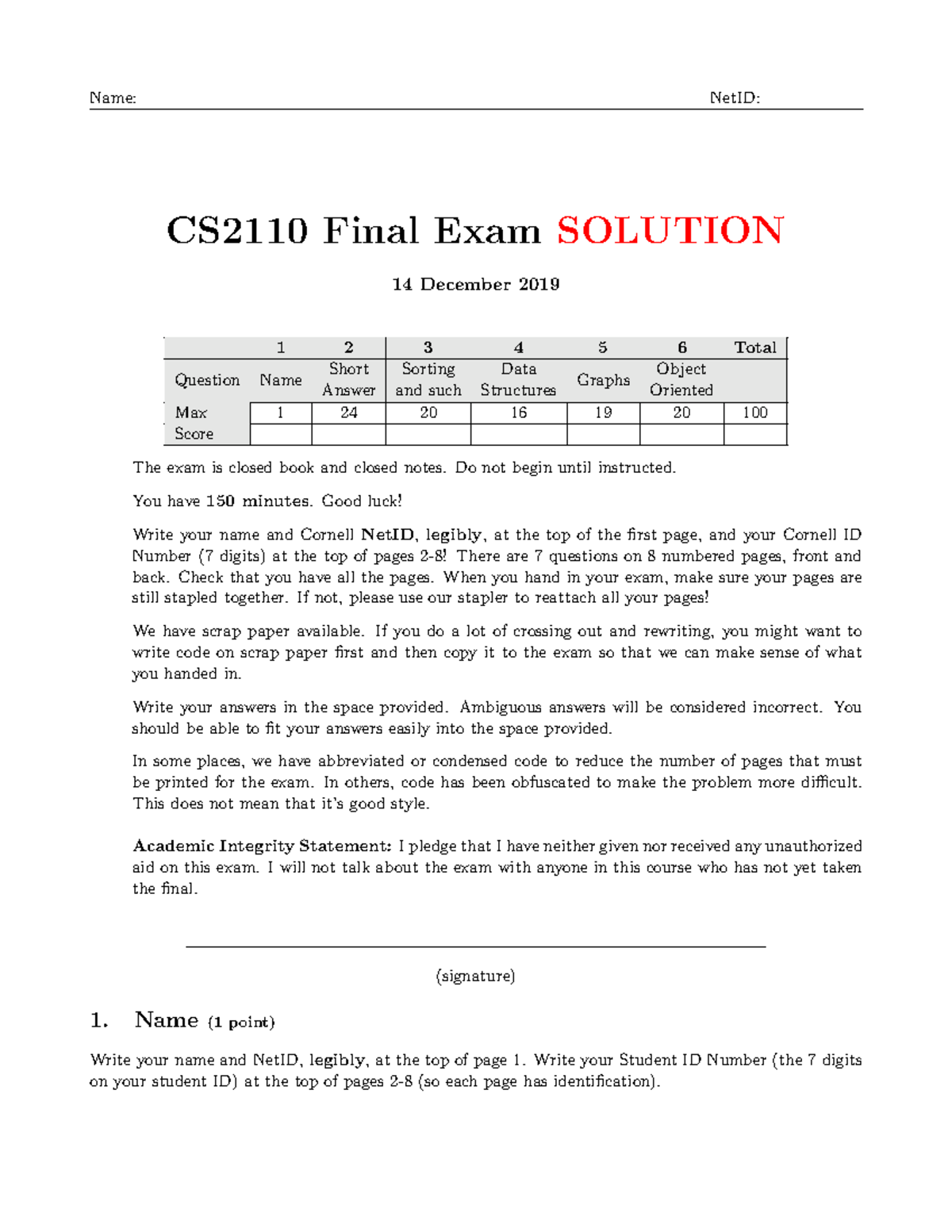 CS2110 Final Exam - Practice Solutions for 19 Fall Session - Studocu