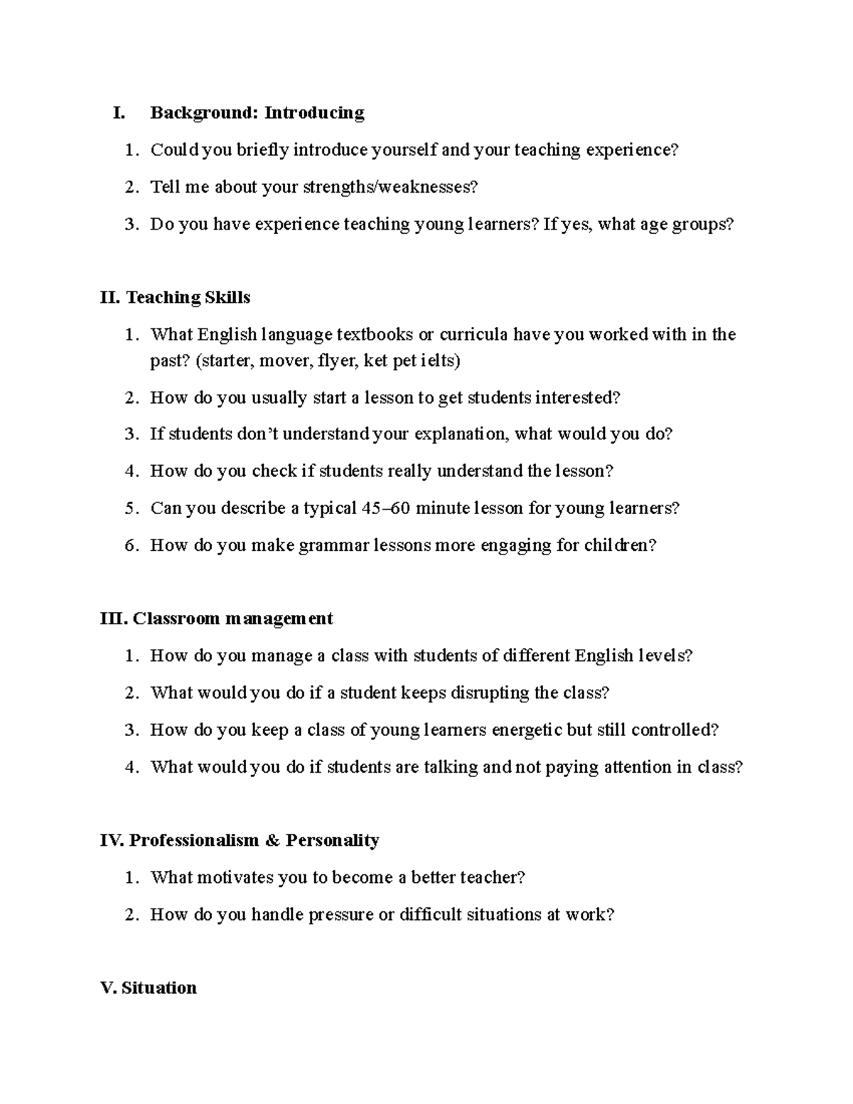 Interview Questions for Teaching Experience and Skills - Studocu