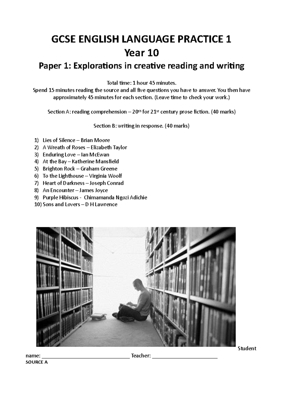 GCSE English Language Practice: Year 10 Paper 1 - Creative Reading ...