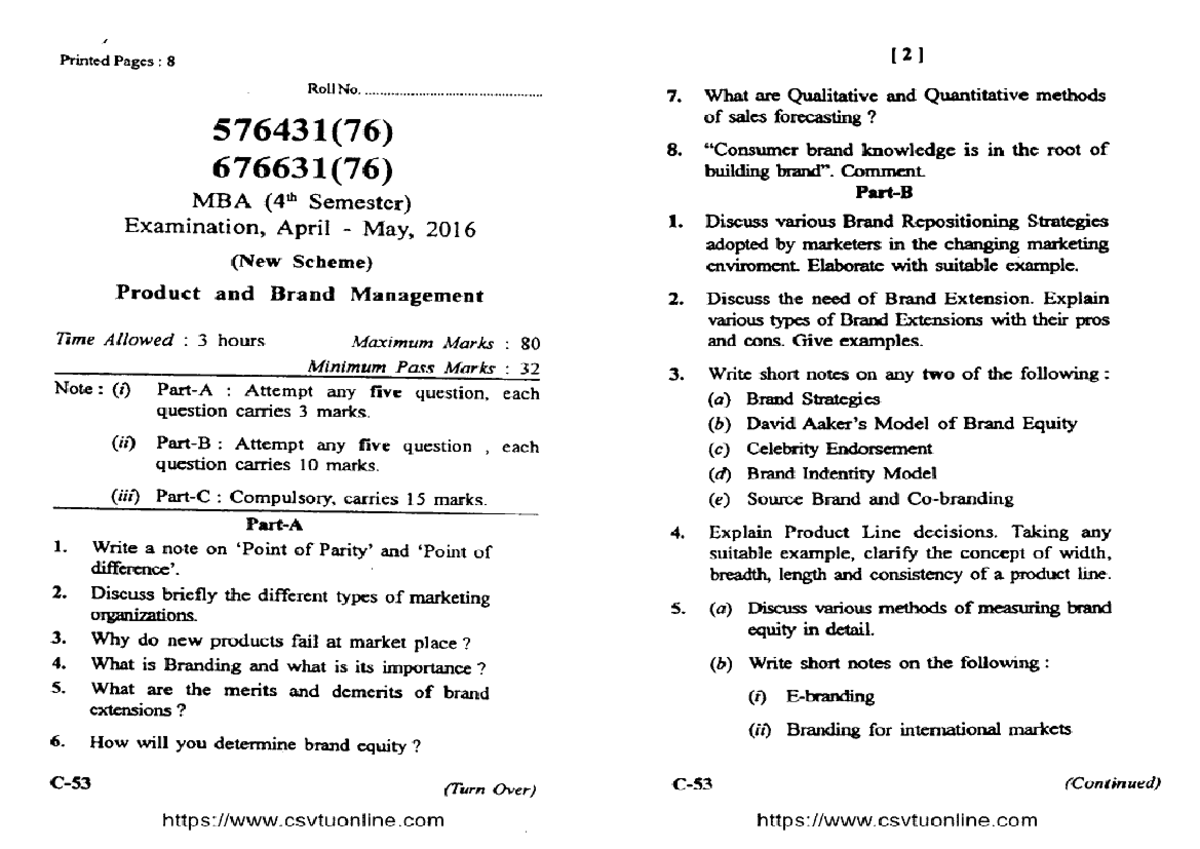 MBA 4th Sem Product & Brand Management Case Study - May 2016 - Studocu