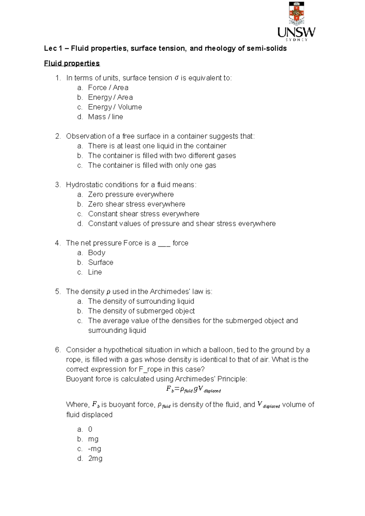 WKS-1 Lecture on Fluid Properties, Surface Tension, and Rheology - Studocu