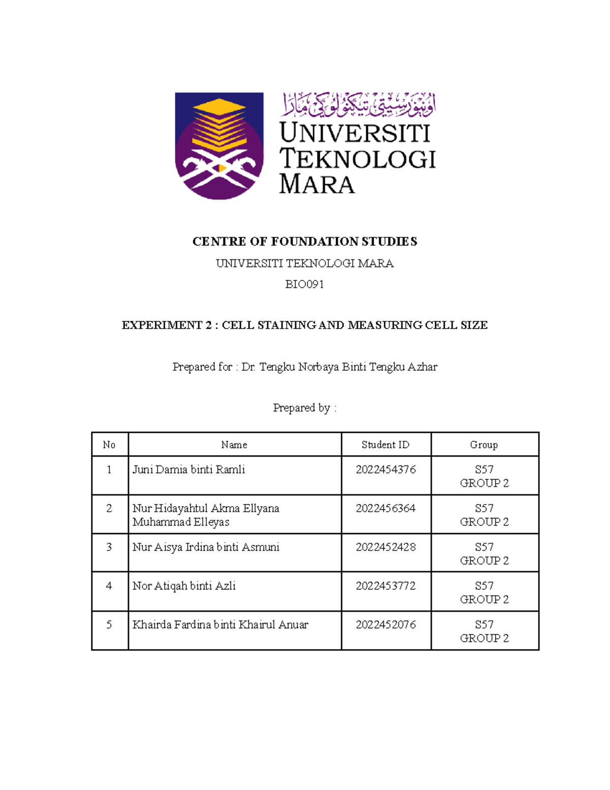 LAB Report EXP 2: Cell Staining & Measurements - Group 2 S57 - Studocu